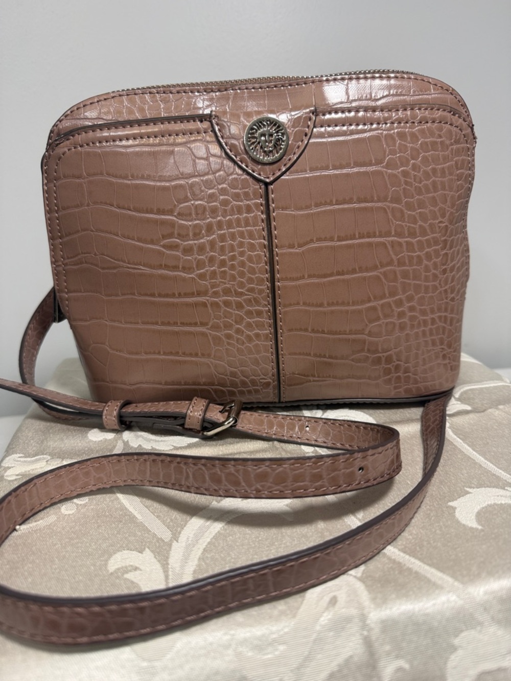 Anne Klein Croc-Embossed Crossbody Bag in Taupe